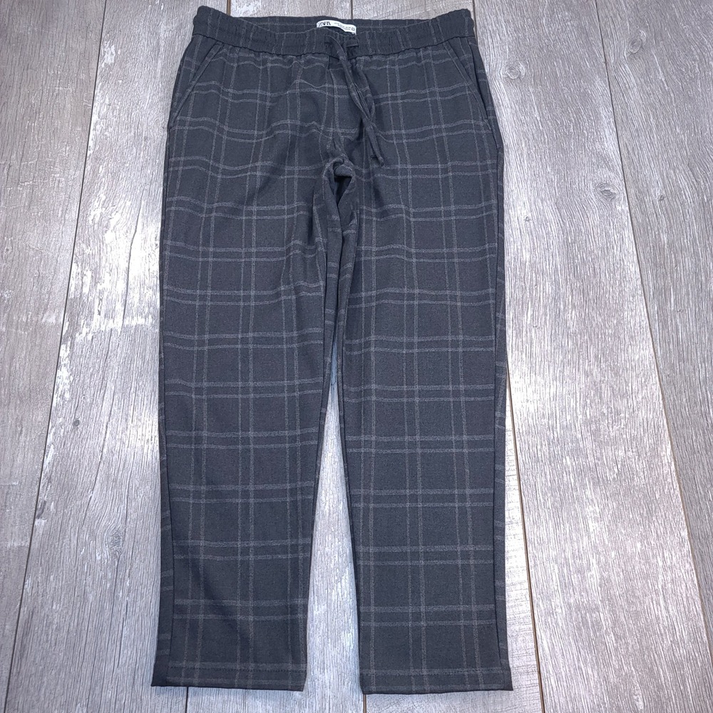 Zara Plaid Trousers Mens Size XL Grey Drawstring Elastic Waist Tapered Pants